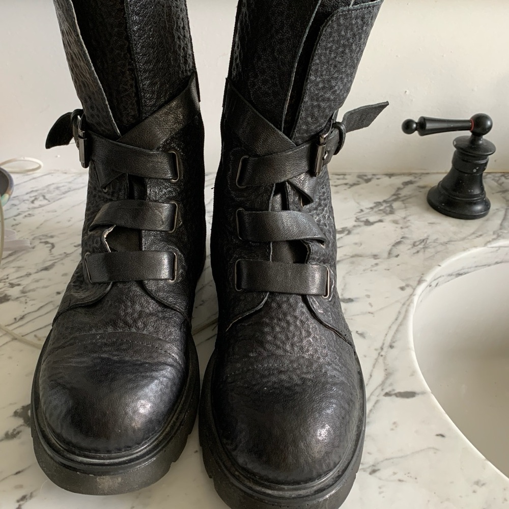 Peddled Black Leather Combat Boots